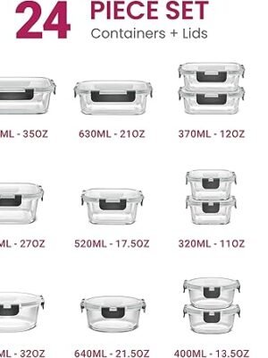 FineDine 24 Piece Glass Storage Containers with Lids Leak Proof
