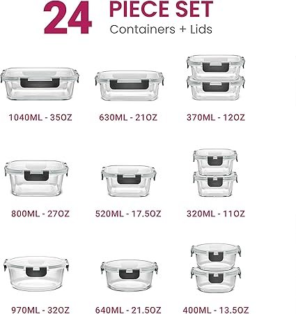 FineDine 24 Piece Glass Storage Containers with Lids Leak Proof
